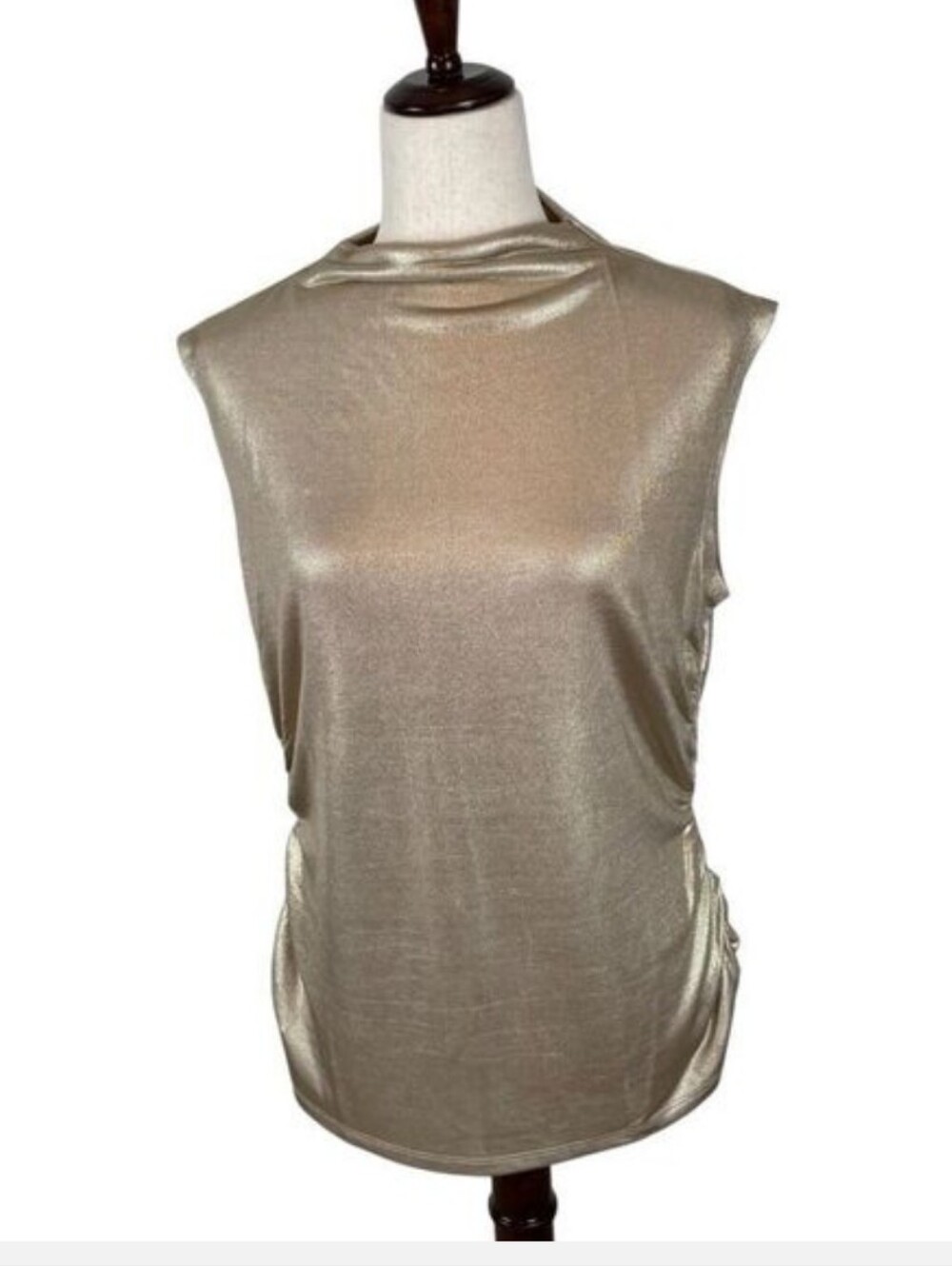 Rebecca Minkoff Shimmery Gold Mock Neck Top With Ruching - Picture 5 of 11